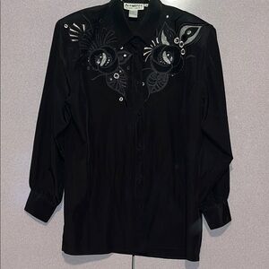 Premiere Black Embellished Floral Button-Up Blouse